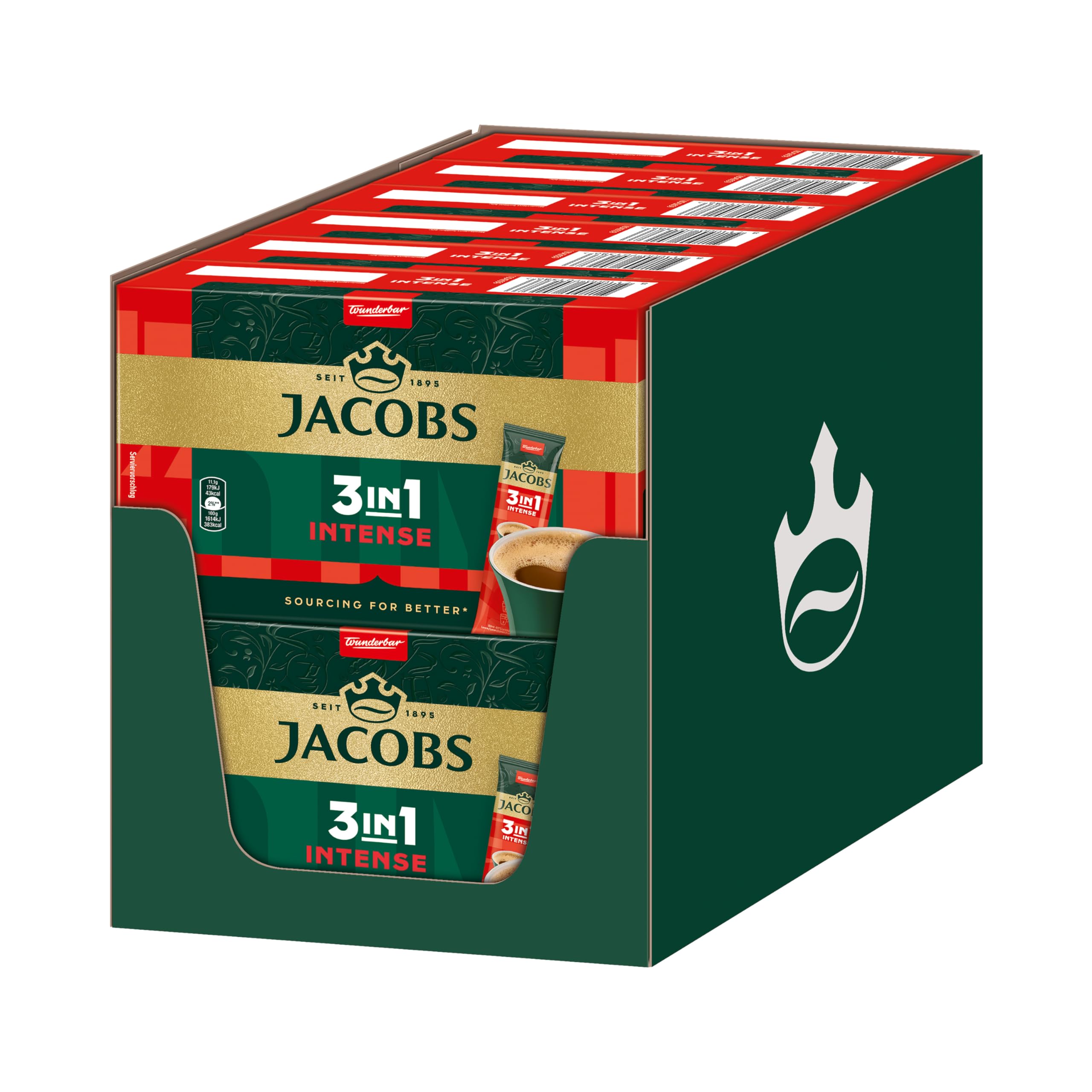 Jacobs 3in1 Intense, Instant Kaffee Sticks, löslicher Bohnenkaffee mit Creamer und Zucker, 12 x 10 Sticks, 120 Getränke