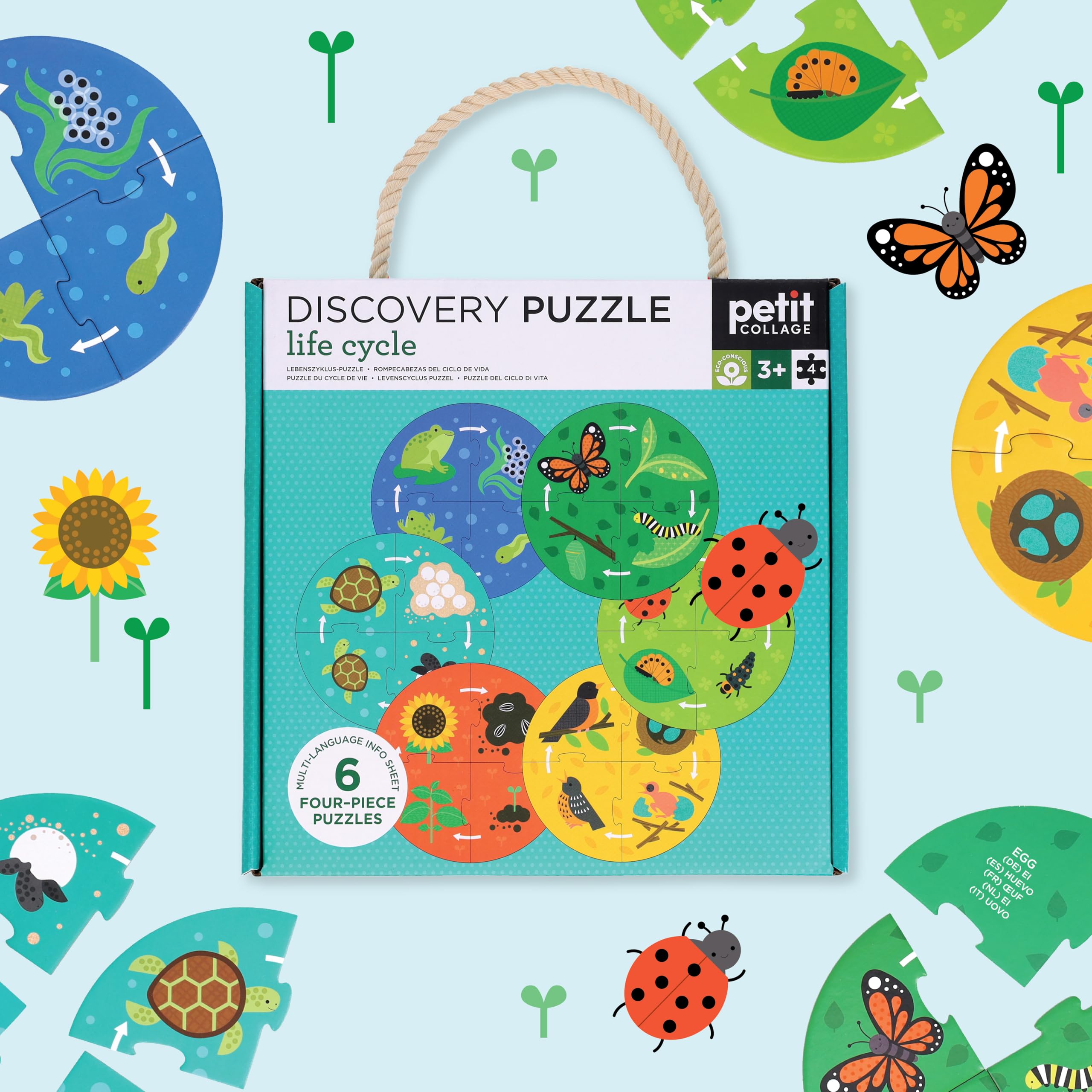 Petit Collage: Discovery Life Cycle Mini Puzzles - Contains 6 Mini Puzzles with 4 Pieces Each and Multi-Language Info Sheet - Show Life Cycle for Different Animals - Great Gift for Children 3+ - Image 5