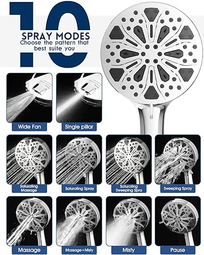 Miniatura 9 de Guoyulju Cabezales de ducha de alta presión con combo de rociador de mano y manguera, cabezal de ducha 10 ajustes, potente rociador integrado, alma