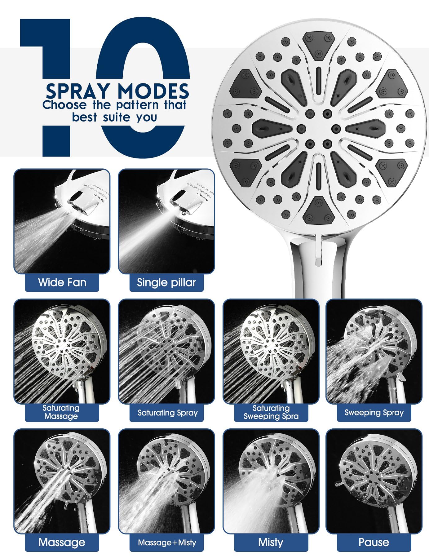 Pommeau de douche filtré avec poche et tuyau, 10 modes de pulvérisation, pommeau de douche haute pression pour eau dure, filtre amovible économie d'eau avec perles, finition chromée, certifié