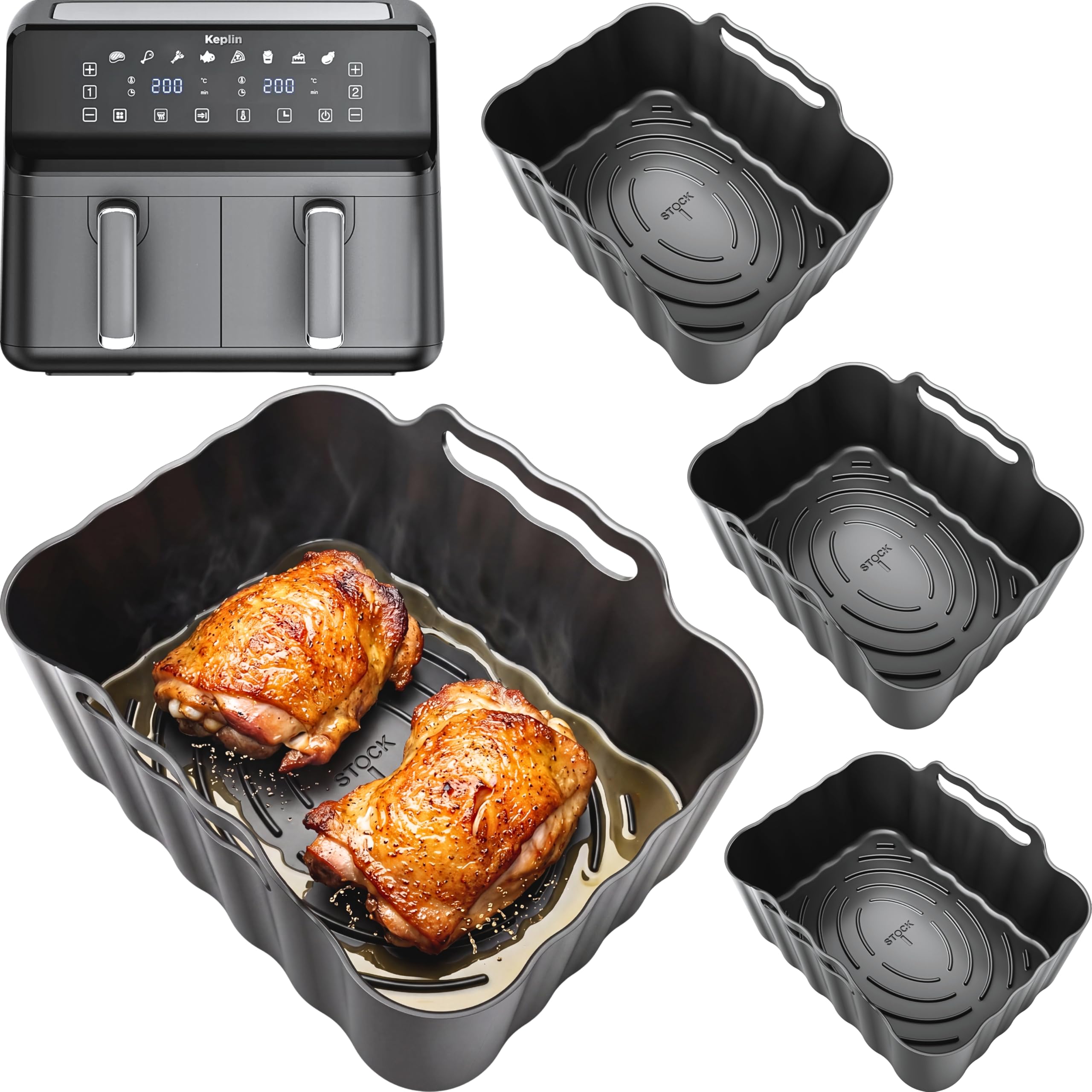 Keplin 9L Silicone Liners 4-Pack | 2.5mm Thick, Convex Base, Non-Stick & Dishwasher Safe | 2PCS Reusable 9L Air Fryer Liners | Keplin Silicone Liners | by iStock Ltd