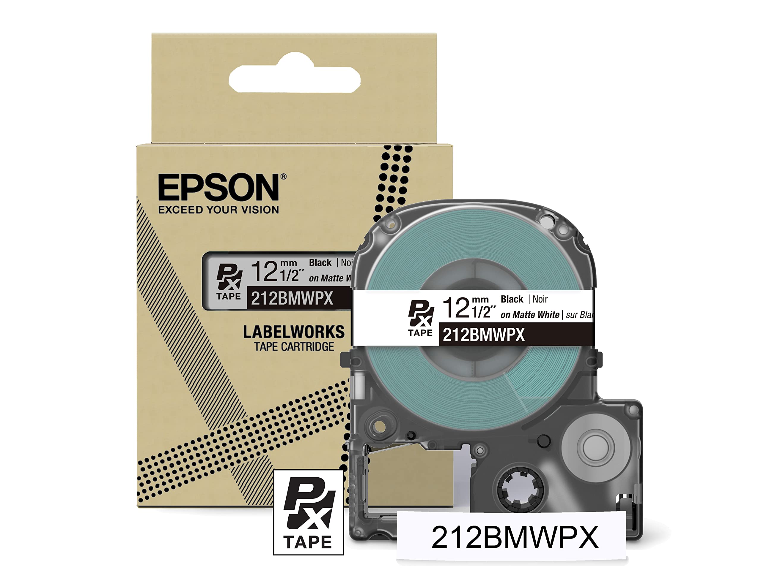 Epson LABELWORKS 212BMWPX Genuine PET (Polyester) Tape Cartridge - Black on Matte White Designer Craft Label Maker Tape - 1/2" (12MM) Wide, 26'