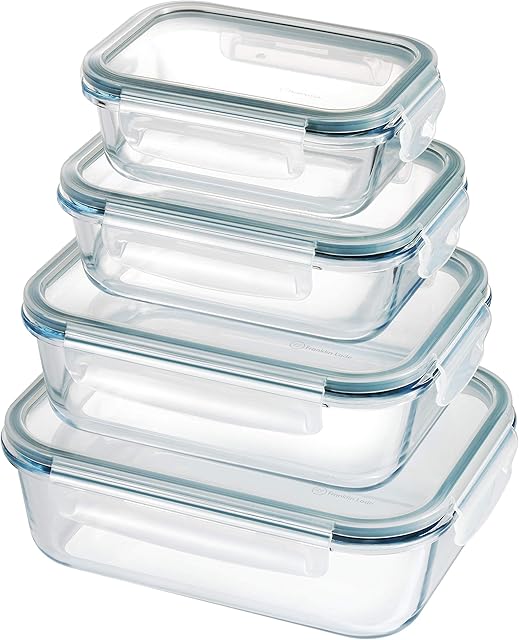 Franklin Lade 4 Piece Nesting Glass Food Storage Container Set | BPA-Free Leak-Proof Lids + 4 Spare Silicone Seals | Glass Food Containers with Lids | Microwave, Oven, Freezer & Dishwasher Safe