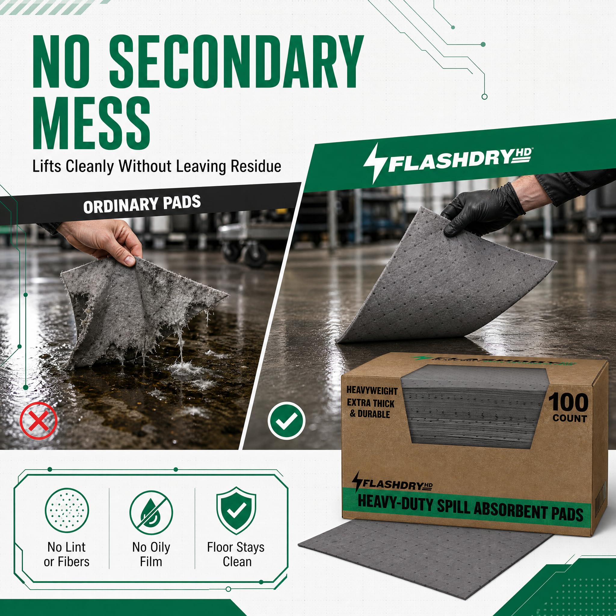 FLASHDRY Almohadillas absorbentes universales de alta resistencia – 300 g/m²/4 mm (paquete de 100, 17.5 x 13.5 pulgadas) – Almohadillas de absorción superior para derrames de aceite y productos