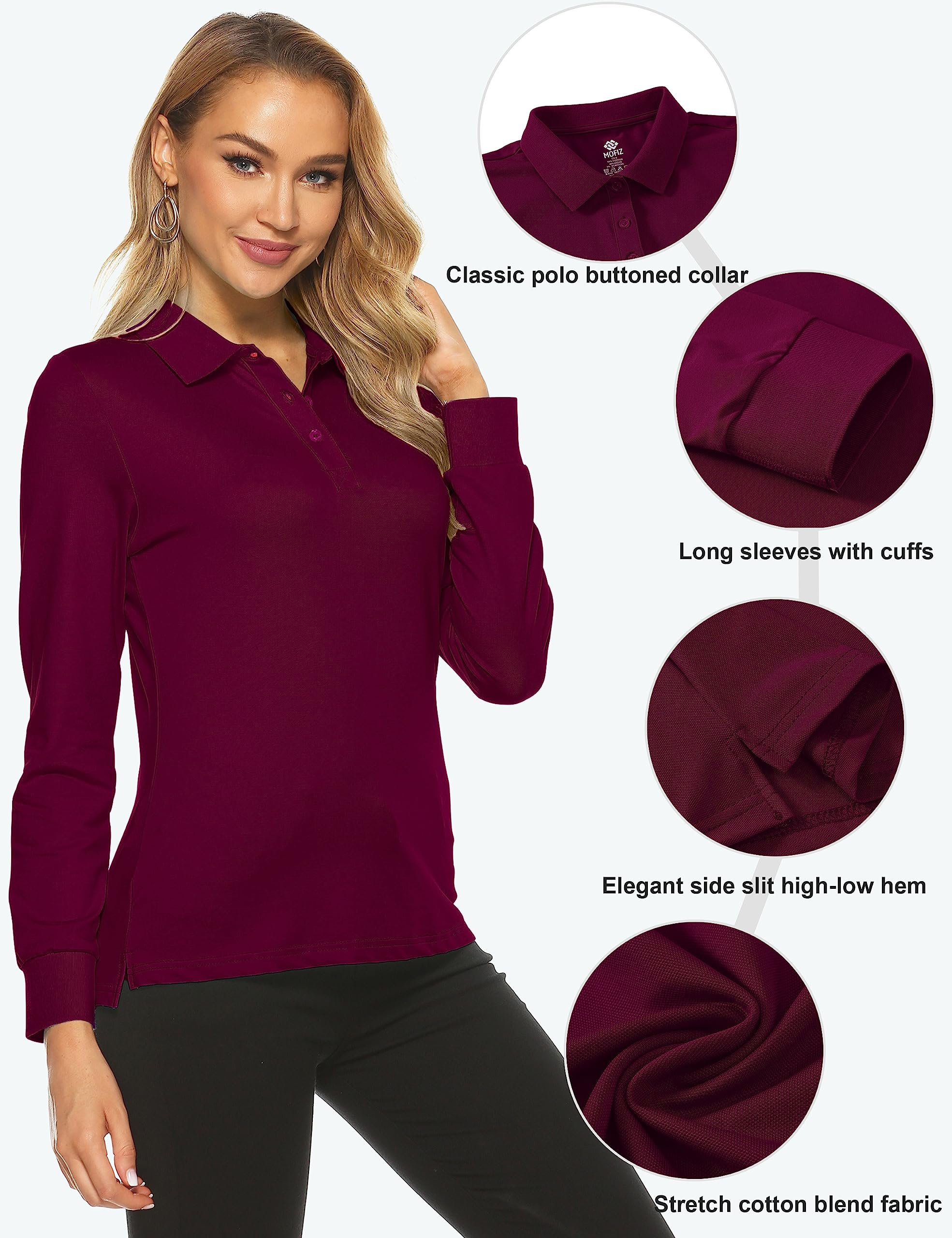 MoFiz Polo Donna Manica Lunga Poloshirt Lavoro Camicia Sportiva Golf Top con Bottoni