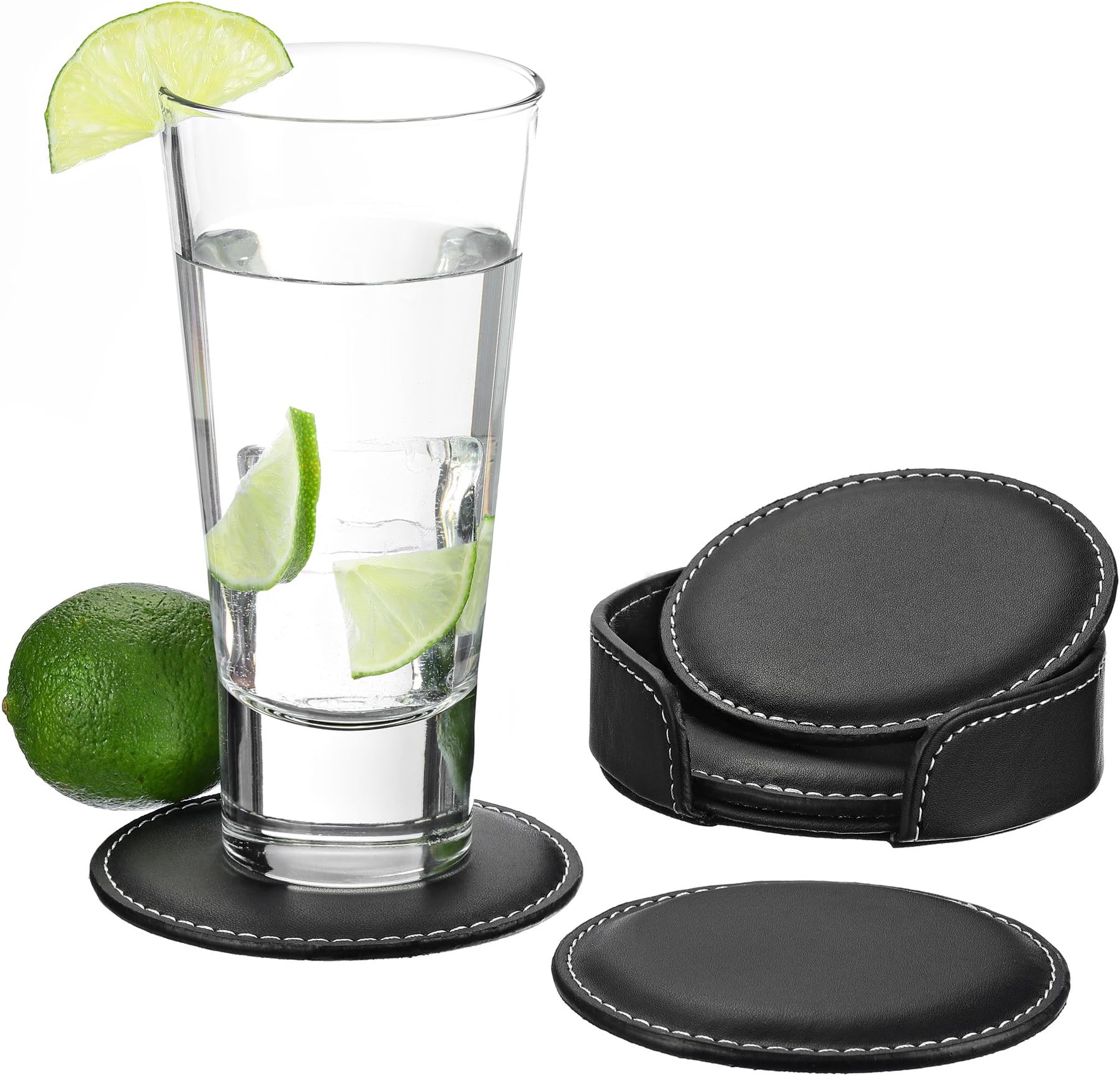 Premium leather coaster - fine leather coasters for glasses - the best coasters for sensitive surfaces (black) black