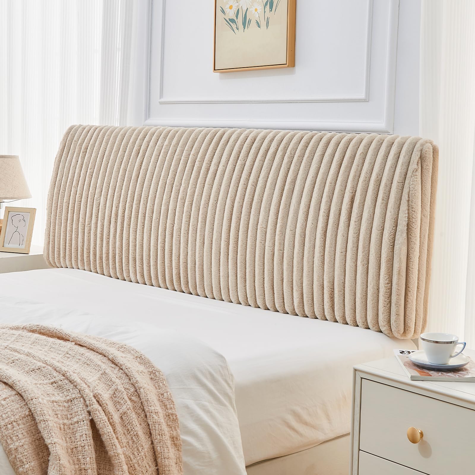 Pinmoco 4.7" Upholstered Modern Headboard for King Size Bed, Height Adjustable and Ergonomic Headboard, Easy Assemble, Sturdy and Durable, Faux Rabbit Fur, Light Camel