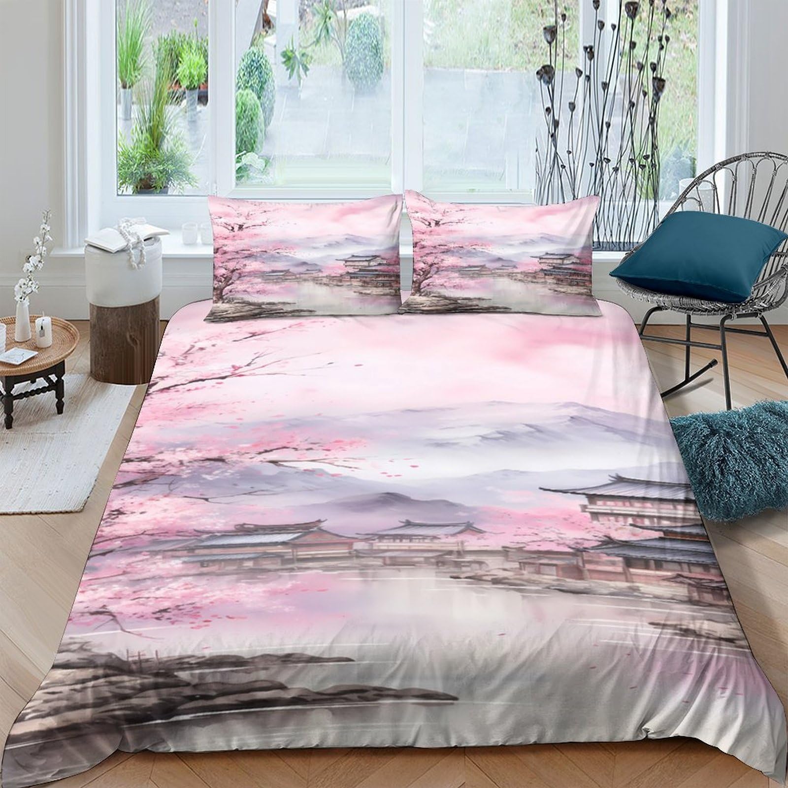 Ctjqhvkz Style-3 3D Printed Pink Sunrise Landscape Fitted Sheet Microfiber Soft Artistic Lake Bedroom Bed Cover Easy Care Single（135X200cm）
