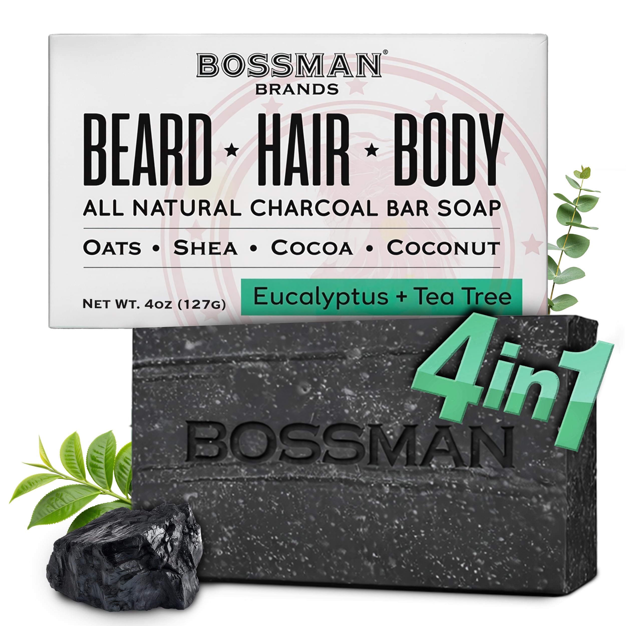 Bossman 4-in-1 Charcoal Soap Bar (4 oz) – Bar Soap for Men – All-Natural Beard Wash, Shampoo, Body Wash & Shaving Solution – Eucalyptus & Tea Tree
