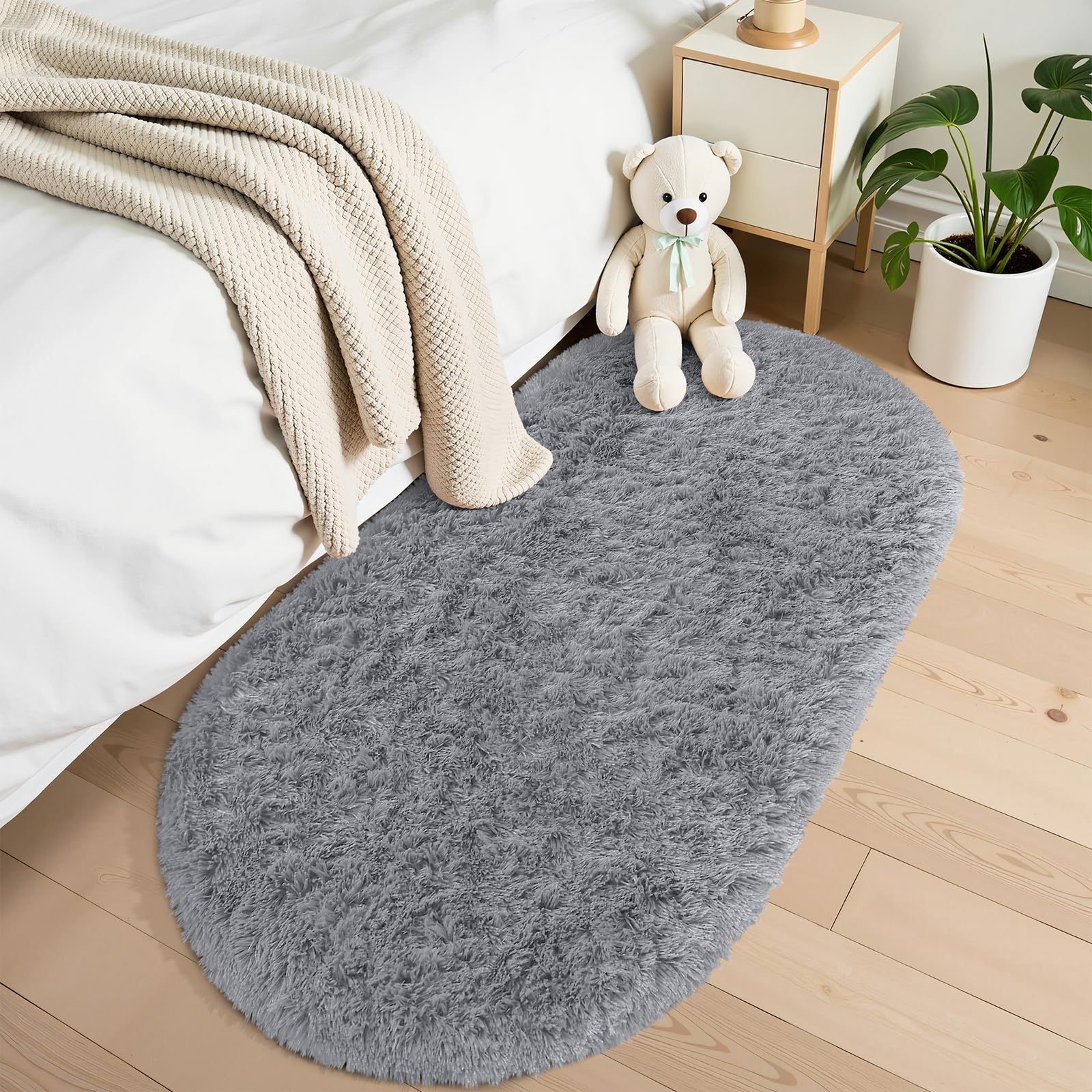 OLANLY Fluffy Soft Area Rugs for Bedroom, 2.6x5.3 Feet Machine Washable Oval Rug, Non-Slip Beside Carpet for Kids Room, Playroom, Nursery, Dorms, Home Decors, Neutral Grey