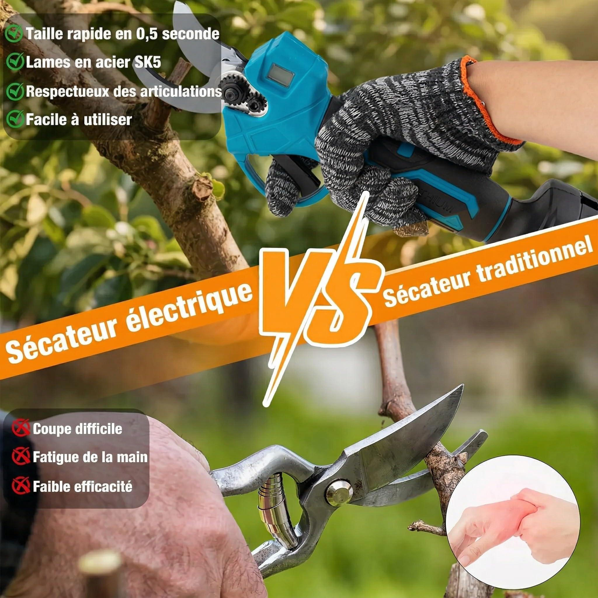 Sécateur électrique 21 V, sécateur électrique sans balais amélioré de 600 W avec 2 batteries 2,0 Ah, 2 lames, chargeur rapide