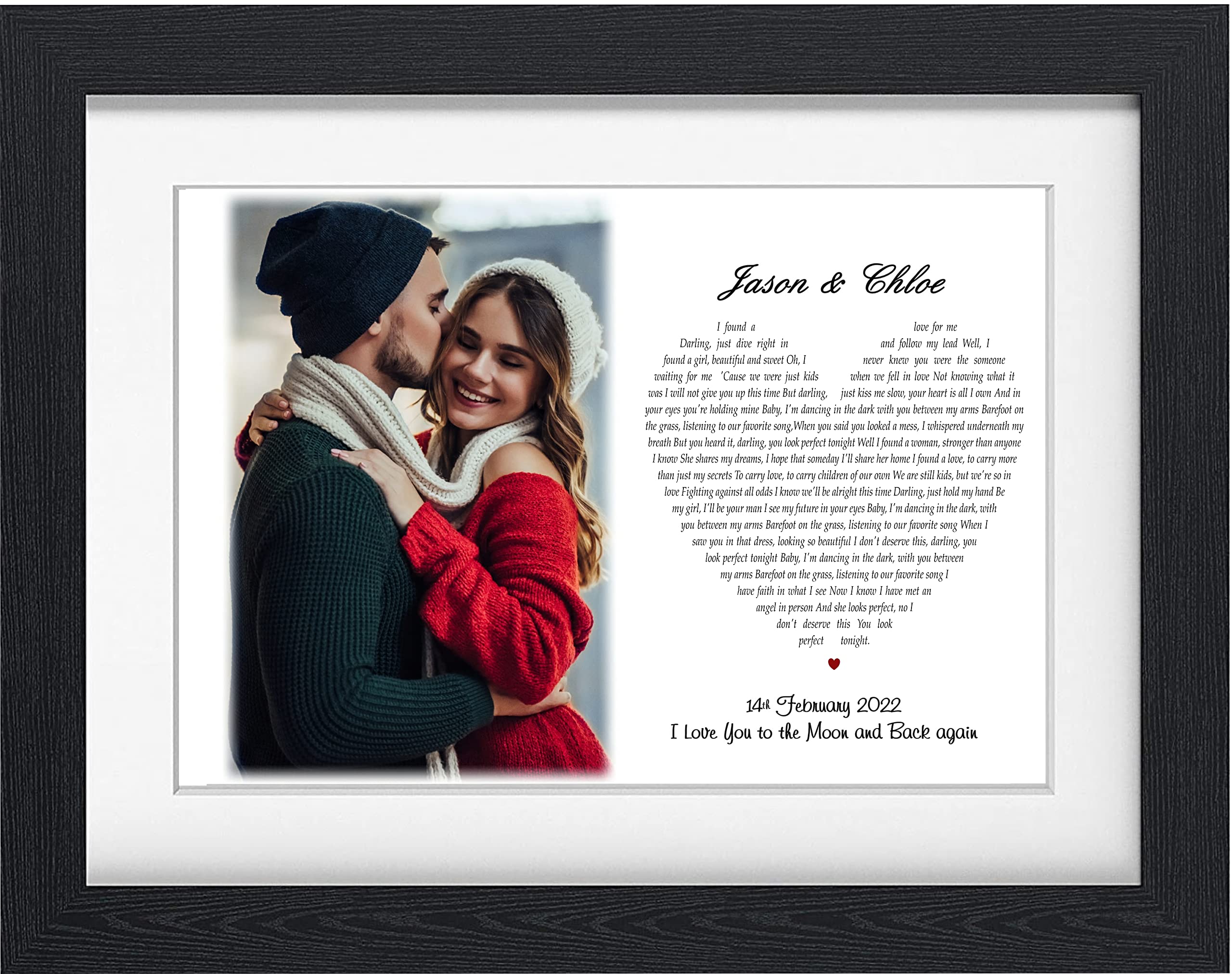 WishesCanComeTrue Personalised Photo & Words in a heart/Song Lyrics-Poem-Vows or Speech-First Dance gift for Valentines Christmas Anniversary Wedding Engagement Print or Poster Framed A4 - A3
