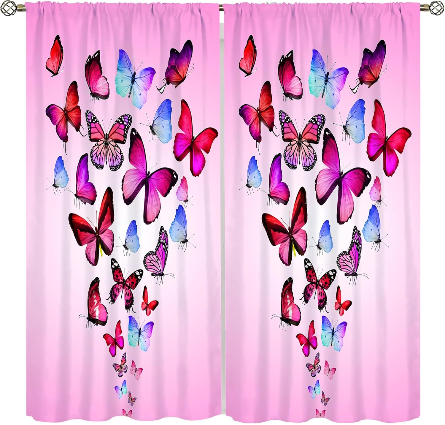 Butterfly Curtains for Girls Bedroom, Spring Pink Drapes for Kids Bedroom Nursery Room Rod Pocket Windows Treatments Door, 42x45 Inch
