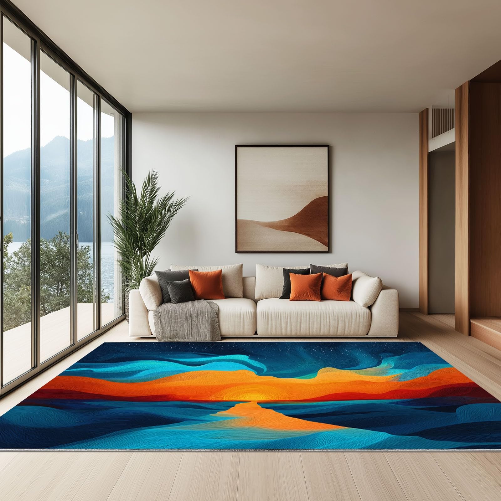 Tapis De Salon 160 x 230 cm, Tapis Lavables Vagues Océaniques Coucher De Soleil Chemin avec Dos Antidérapant, Doux et Facile d'entretien, pour Cuisine Salle à Manger Bureau et Chambre Art Abstrait