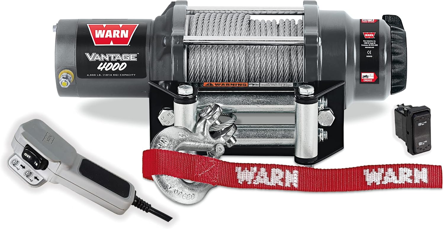 WARN Vantage 4000 Winch - 4000 lb. Capacity, 55' of 7/32" Wire Rope, Roller Fairlead, Wired Remote Control, Weather-Sealed, for ATV/UTV