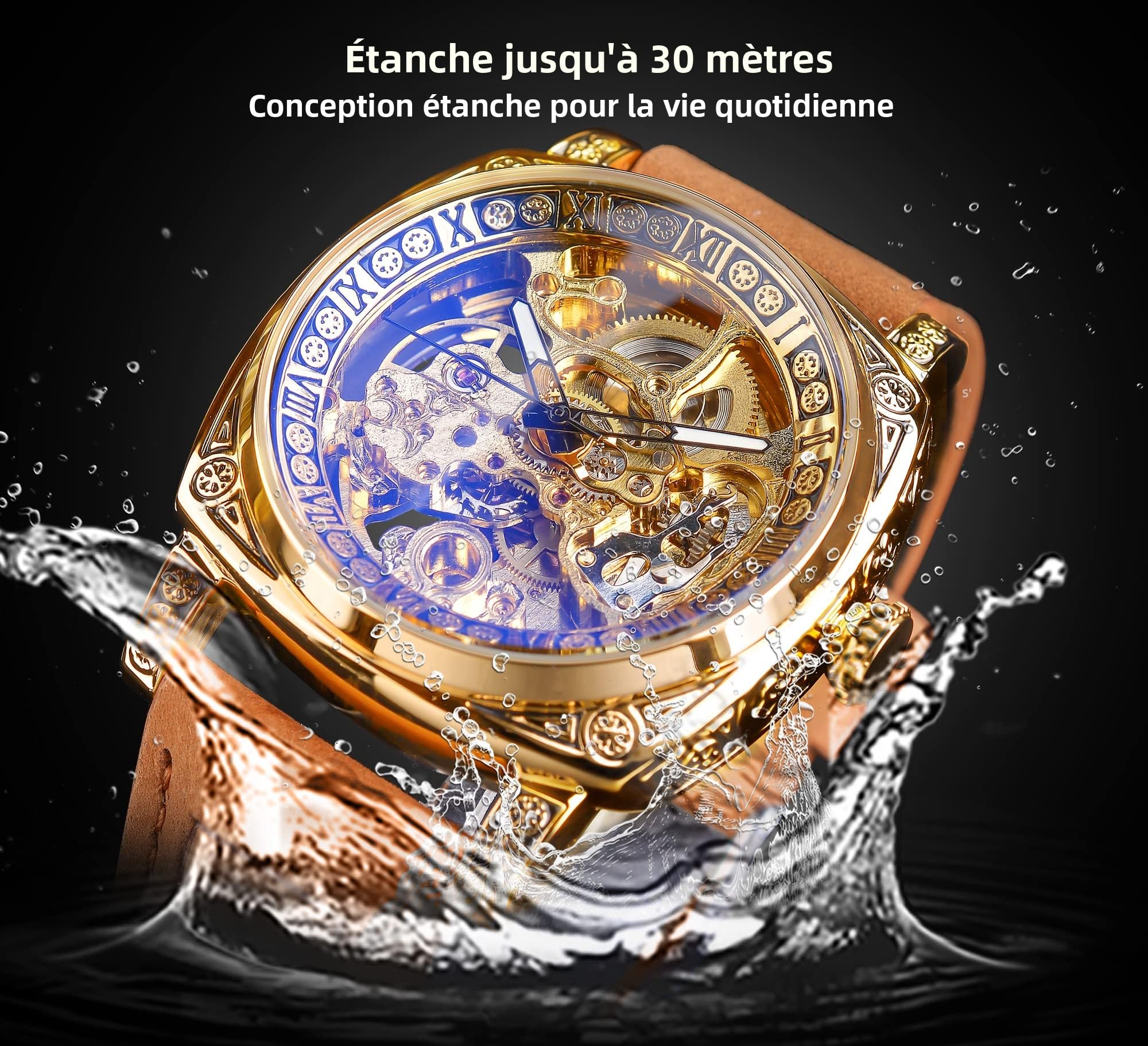 FORSINING Orologi di lusso da uomo eleganti, orologio meccanico automatico retrò con incisione quadrata, orologio da polso dorato scheletrato con cinturino in pelle vintage, marrone, retrò