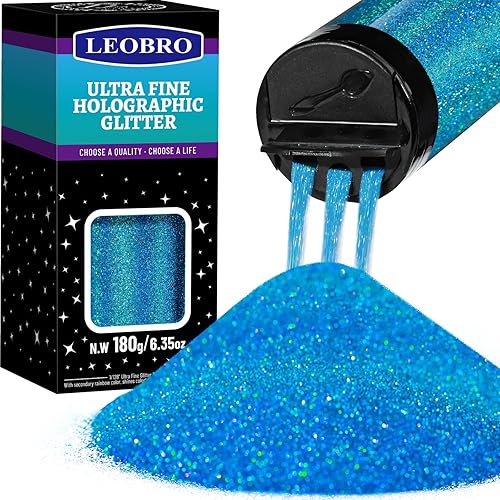 LEOBRO Blue Glitter, 180G/6.35OZ Holographic Ultra Fine Glitter for Resin, Crafts, Tumblers, Nail Body, Holographic Light Blue