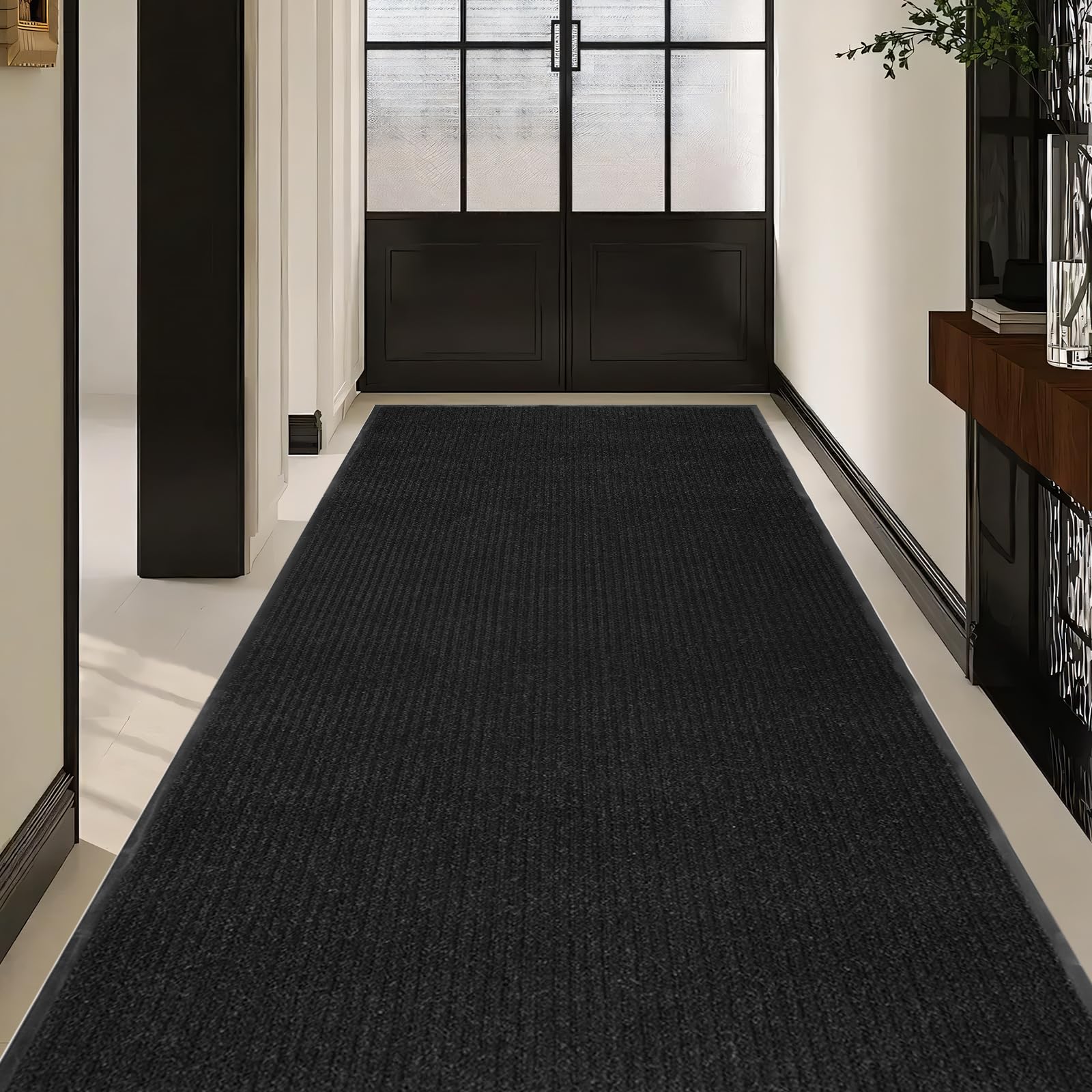 uyoyous Teppich Läufer Flur, rutschfest Schmutzfangmatte Meterware, 90×300 cm Streifenmuster Teppichläufer Küchenteppich, Waschbar Flurteppich für Eingänge, Küche, Wohnzimmer, Korridor-Schwarz