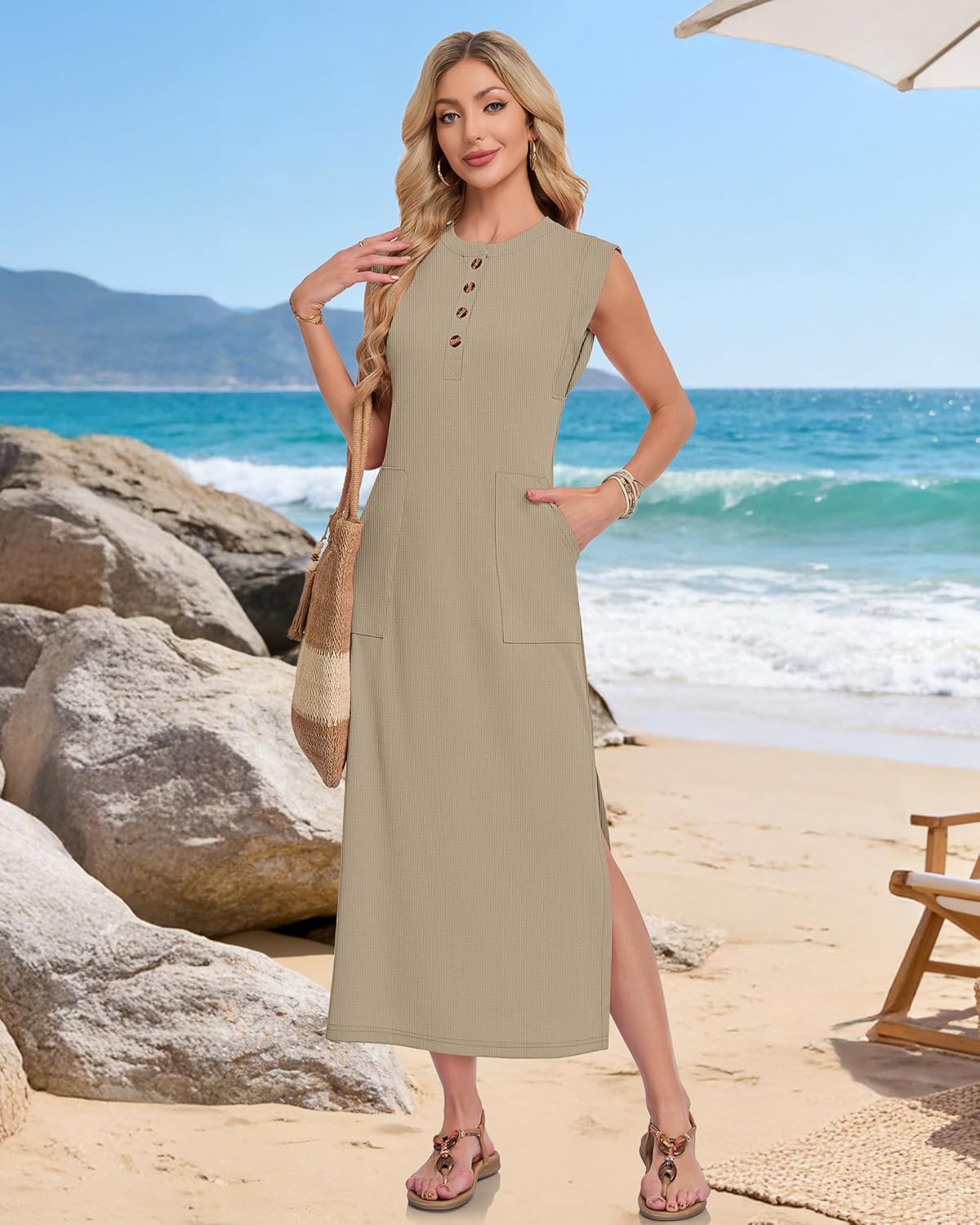 MISFAY Summer Dresses for Women 2026 Waffle Knit Long Maxi Sundresses Cap Sleeve Loose Beach T Shirt Dress - Image 4