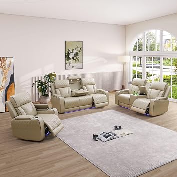 Power Recliner Sofa Set, Air Leather Reclining Couch with LED, 3 Pieces Reclining Living Room Furniture, Khaki Leather Sofa and Loveseat Chair for House/Apartment/Office
