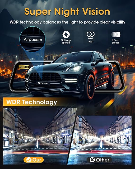 4K Reversing Camera Mirror 【WiFi】 10 Inch Mirror Dashcam Parking Aid WDR IPS touch screen with front rear reversing camera with type C connection G-sensor loop recording