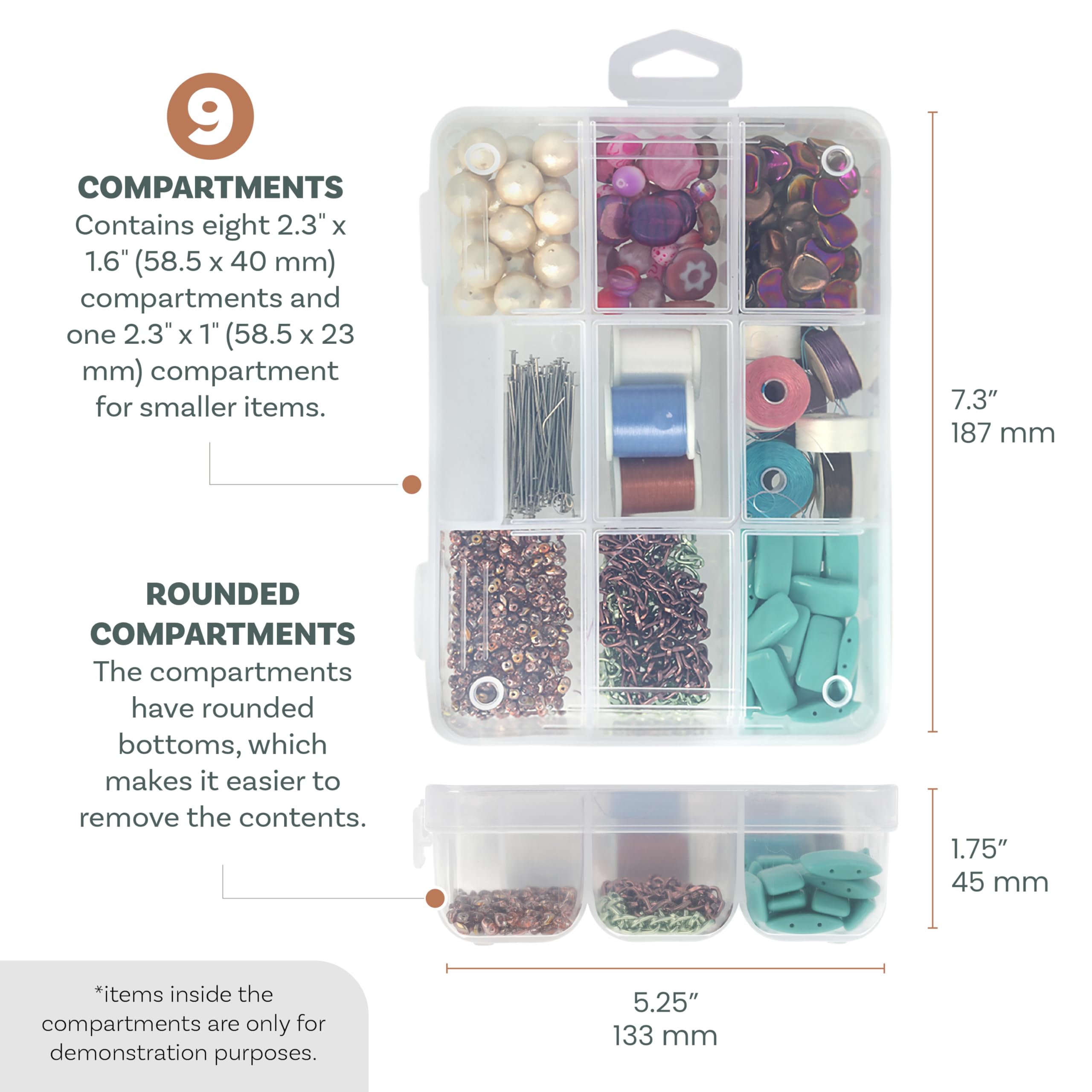 The Beadsmith Plastikowe pudełko do przechowywania – organizer z 9 przegródkami, 7,3” dł. x 5,25” szer. x 1,75” wys., służy jako organizer na biżuterię lub do przechowywania małych przedmiotów