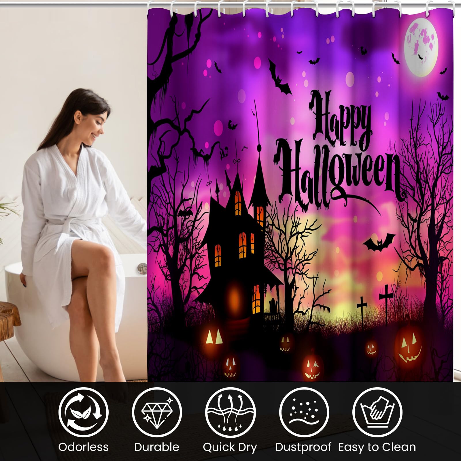 Duschvorhang Kürbis Mit Fledermausmotiv Aus Einem Spukhaus H240Xb200Cm | Cartoon-Fantasy Halloween Wasserdichter Stoff Maschinenwaschbarer Badezimmervorhang Mit Haken