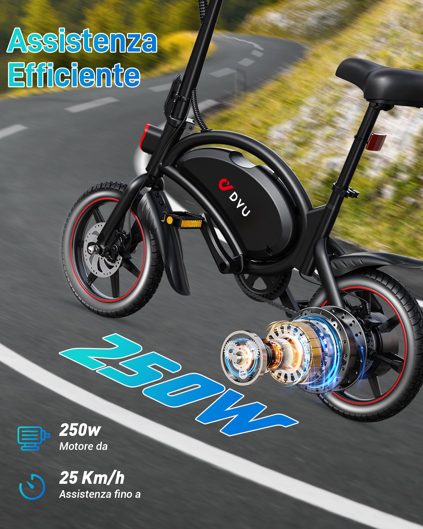 DYU D3S Bici Elettrica Pieghevole 14", 250W, per Città e Pendolari | Assistenza alla pedalata, batteria 36V 10Ah, fino a 60 km, sospensione e sella regolabile, per uomini e donne