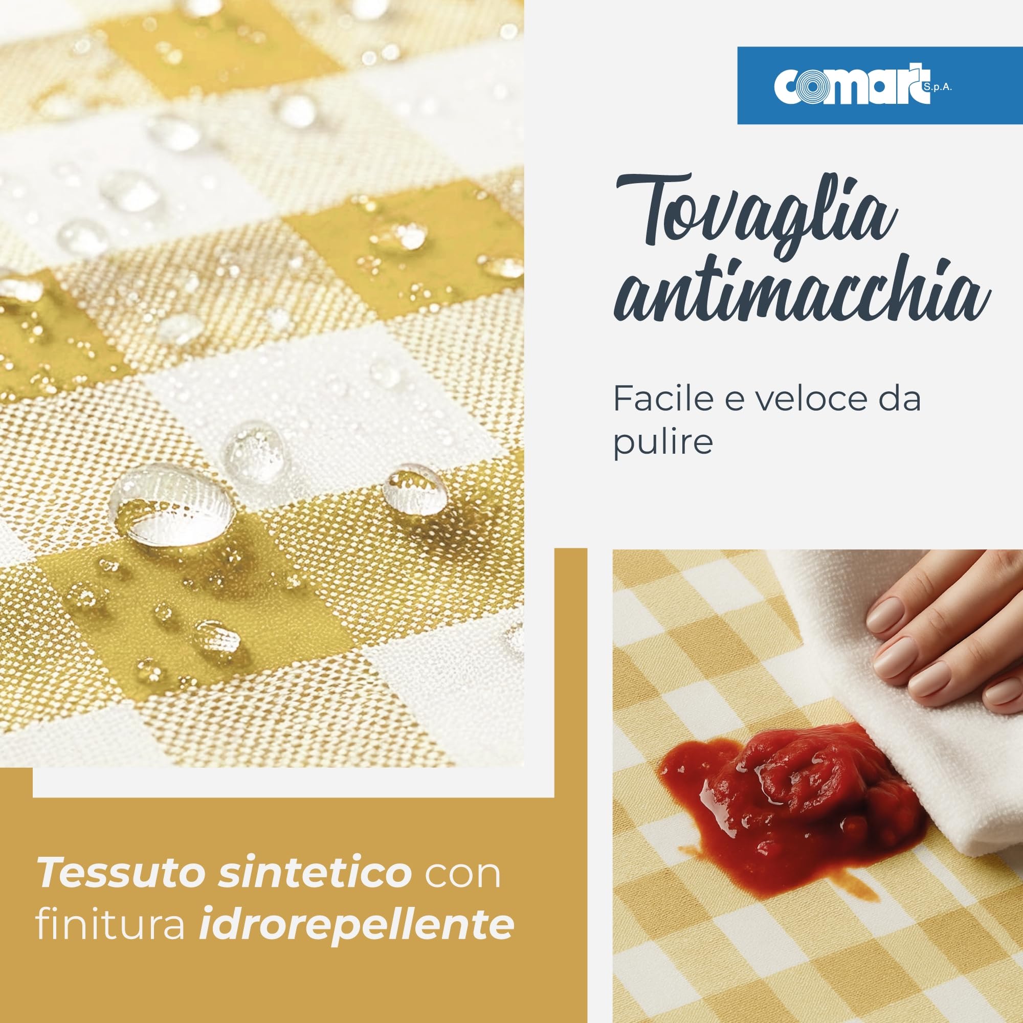 Comart - Tovaglia Square Antimacchia - Copritavolo a Quadretti Vichy 100% Poliestere - Effetto Tessuto - Resistente ai Liquidi - Lavabile in Lavatrice - Quadrata 140x140 cm - 4 Posti - Beige