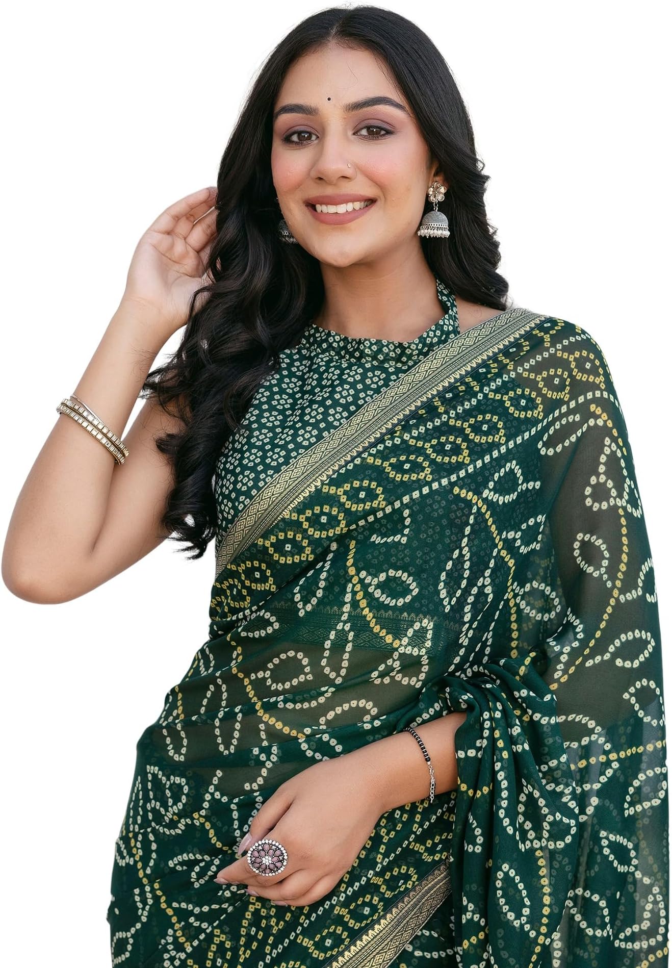 SIRILWomen's Georgette Bandhani Printed Saree With Unstitched Blouse Piece