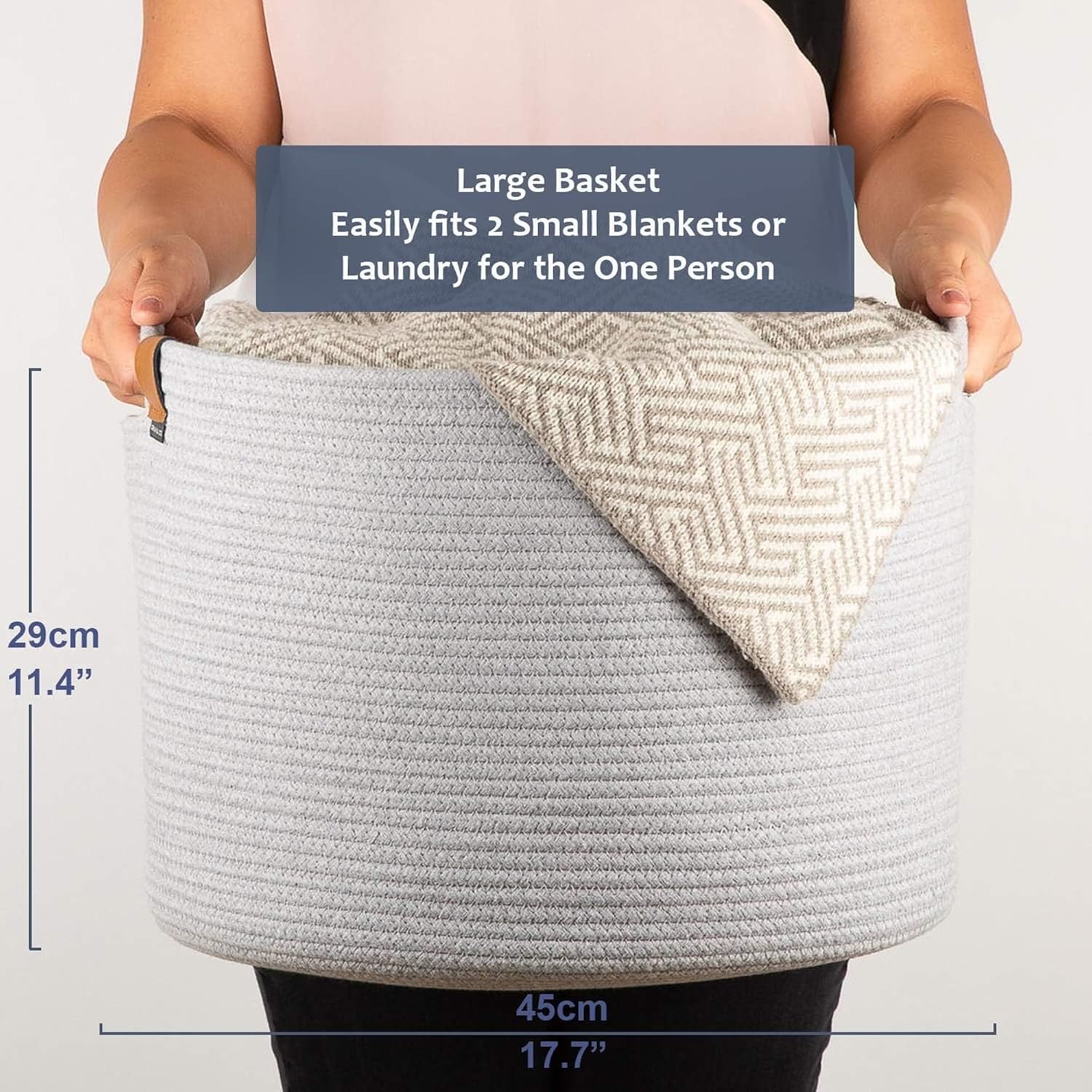 DENJA & CO Large Blanket Basket for Living Room - Decorative Woven Baskets for Storage | Cotton Rope Large Baskets for Blankets, Pillows, Toys, or Laundry | Light Gray (17.7" Wide x 11.4" Tall) - Image 4