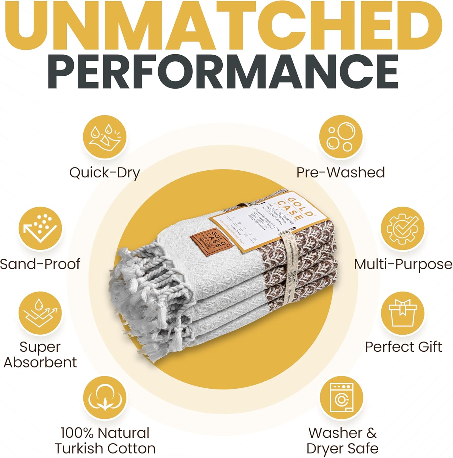 Gold CASE Turkish Hand Towels for Bathroom Set of 4 – 100% Cotton Bathroom Towels – Helen Kitchen Small Towel for Spa, Face, Tea & Dishcloth – Decorative Patterned Weave – Brown