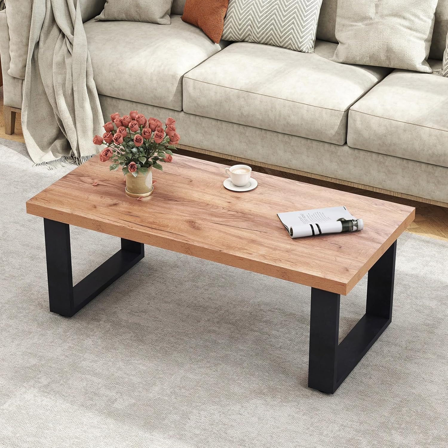 GOFLAME Rustic Coffee Table with Storage, 47” Wood Rectangular Center Table with Heavy-Duty Legs, Farmhouse, Industrial, Modern Minimalist Tea Table for Living Room, Reception Room, Oak & Black