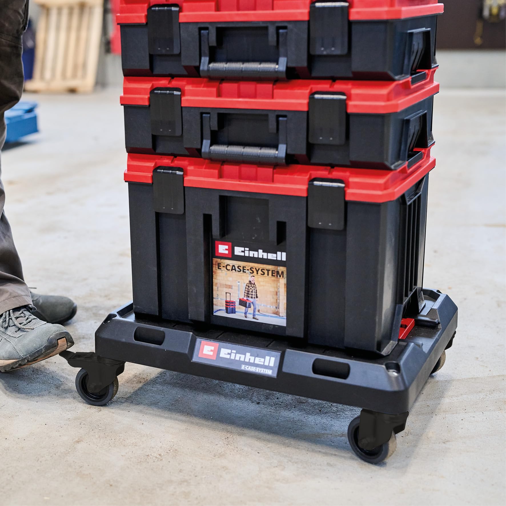Soporte rodante E-Case Original Einhell (máx. 120 kg, ruedas giratorias bloqueables, combinables con sistema E-Case de Einhell, transporte de maletines y cajas, con fijación para correas de sujeción)