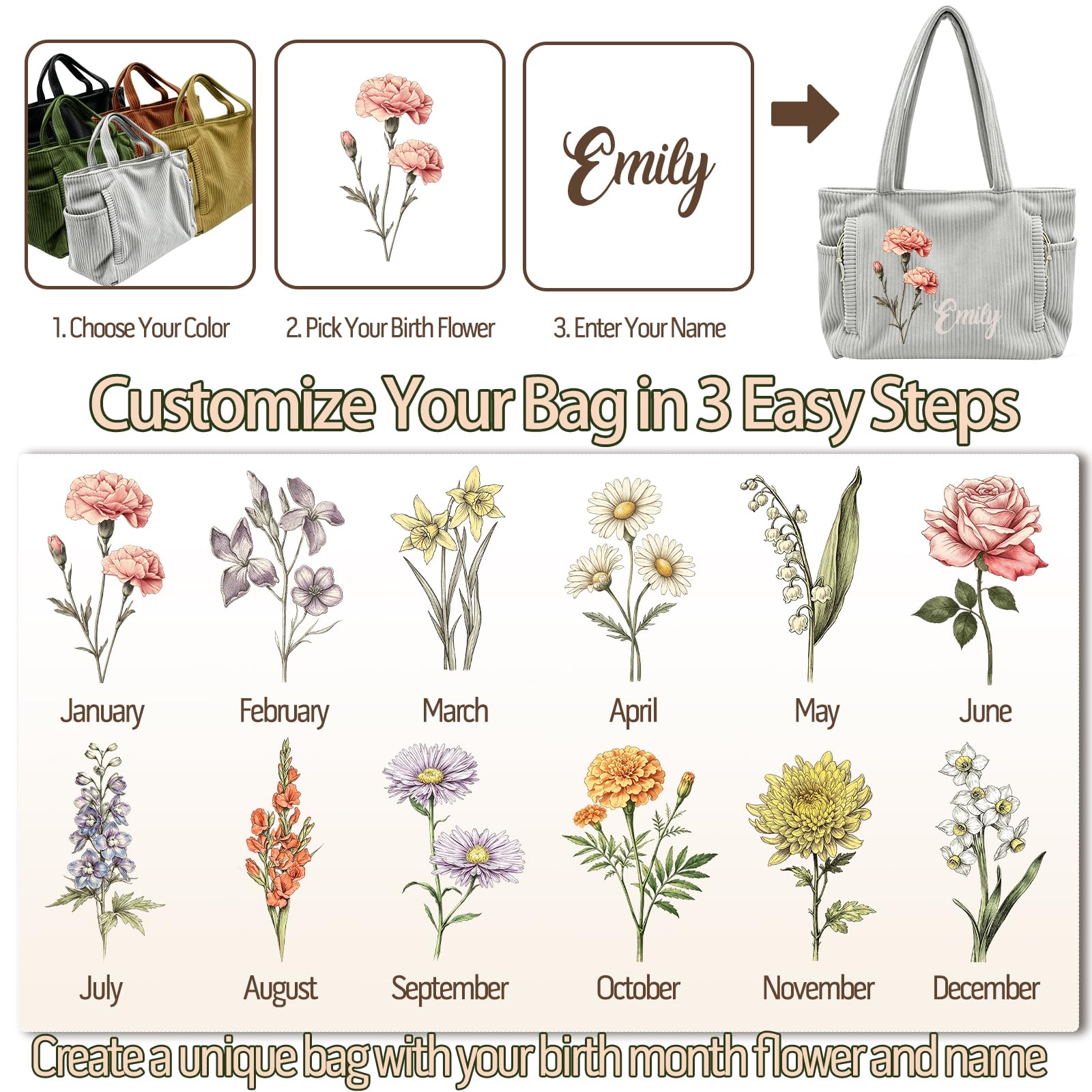 Bolsa de mano de pana personalizada para mujer, bolsa de hombro con cremallera de gran capacidad y bolsillos laterales