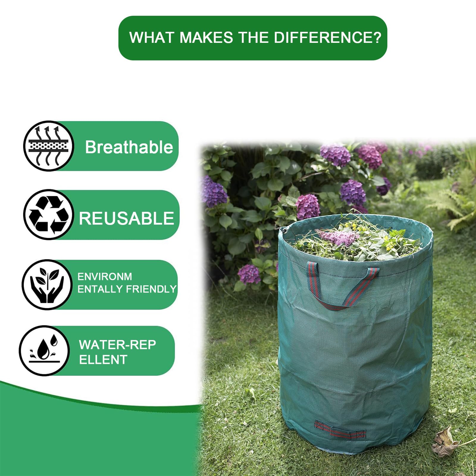 Sacco Per Rifiuti Da Giardino 272L - Pieghevole, Autoportante Con Maniglie, Riutilizzabile