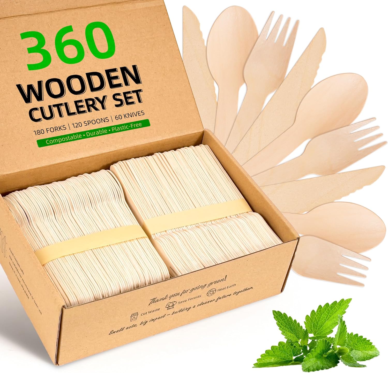Disposable Wooden Utensils Set, Compostable Utensils, Disposable Cutlery Eco-Friendly Silverware Set for Parties, Catering, Office Lunches-360 PCS (180 Forks, 120 Spoons, 60 Knives)