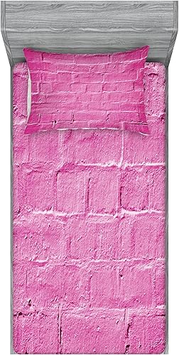 Ambesonne Modern Fitted Sheet & Pillow Sham Set, Brick Wall Backdrop in Pastel Color Birthday Street Celebration 90's Retro Invitation, Decorative