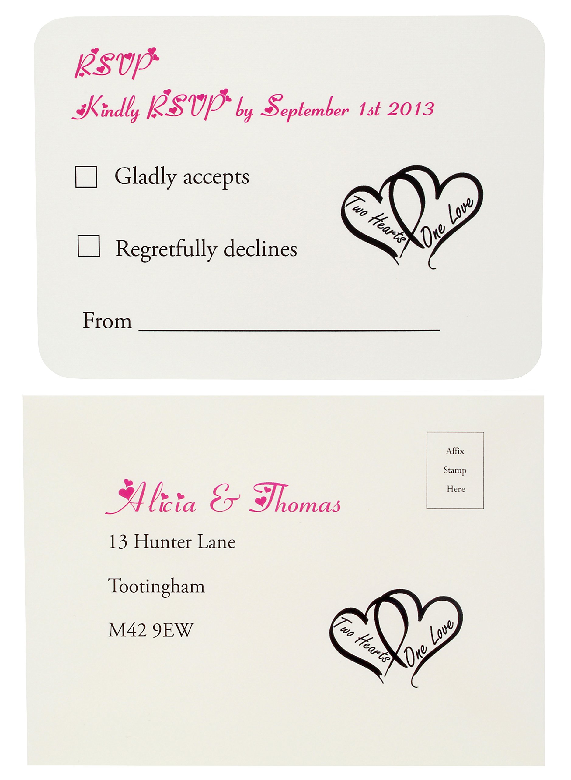 Personalised RSVP cards with printed return address envelope- FREE P+P (60)