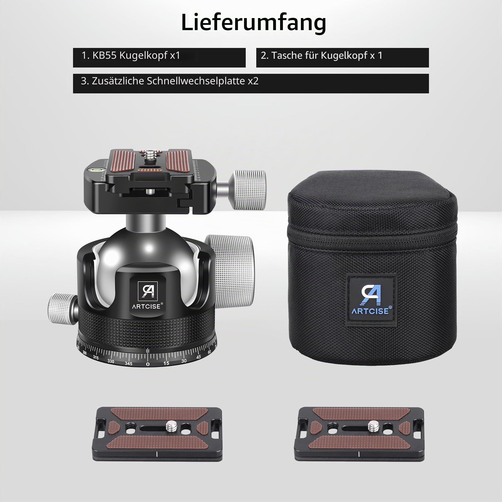 55mm Low Profile Kugelkopf, ARTCISE KB55 Heavy Duty Stativkopf aus Vollmetall mit DREI 1/4" Schnellwechselplatten für Stativ, Einbeinstativ, DSLR, Camcorder, maximale Belastung 40kg.