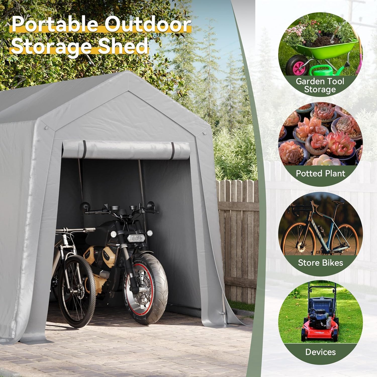 Aoxun 6x8x7 FT Outdoor Portable Storage Shed Tent with Roll-up Zipper Door and Window Portable Carport with Waterproof Tarp Galvanized Steel for Motorcycle, Generator, Bike Storage (Gray)