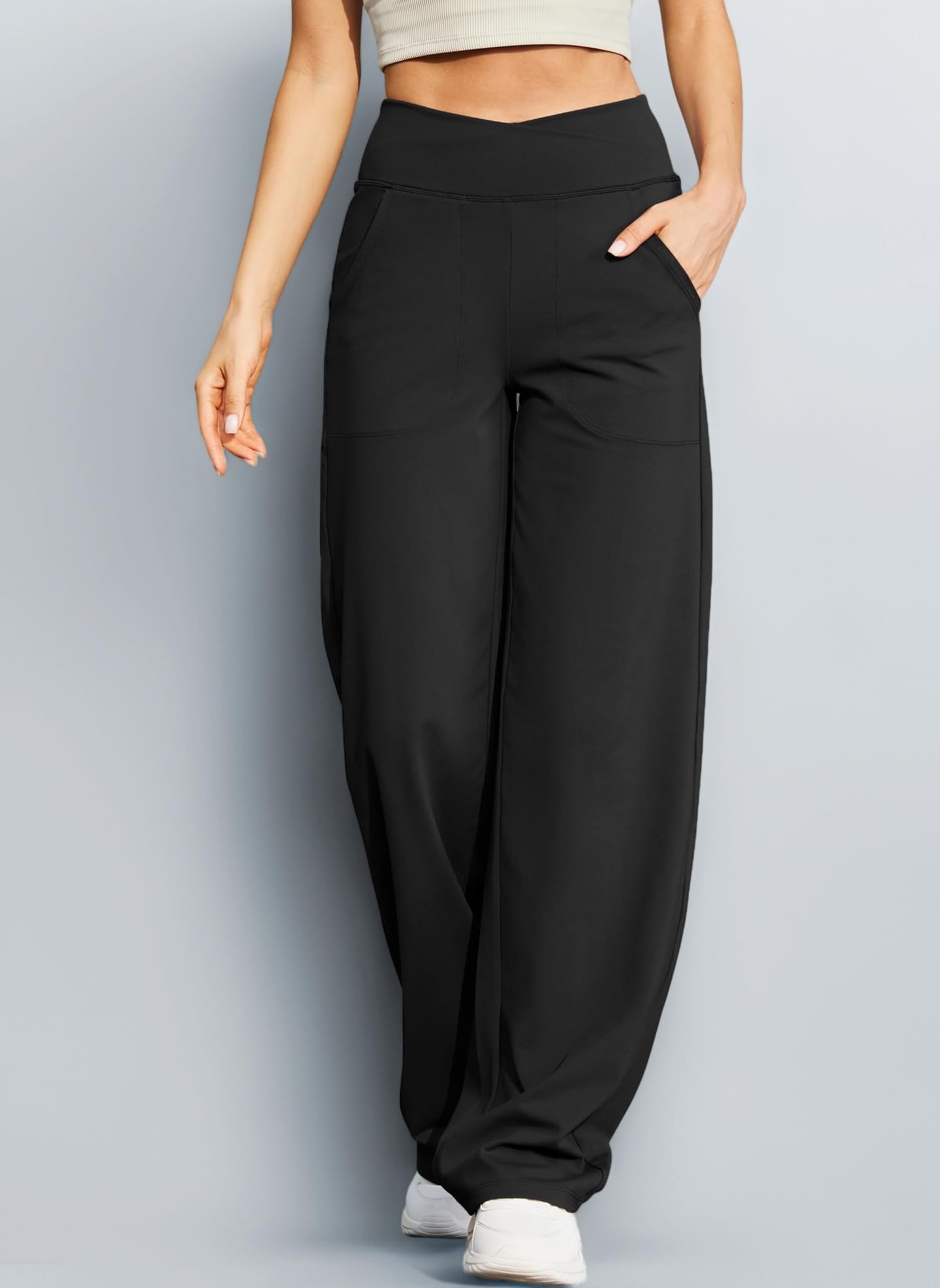 Yoga Pants for Women Wide Leg Trousers Crossover High Waist with Pockets Petite/Regular/Tall Loose Stretch Casual Lounge Pants