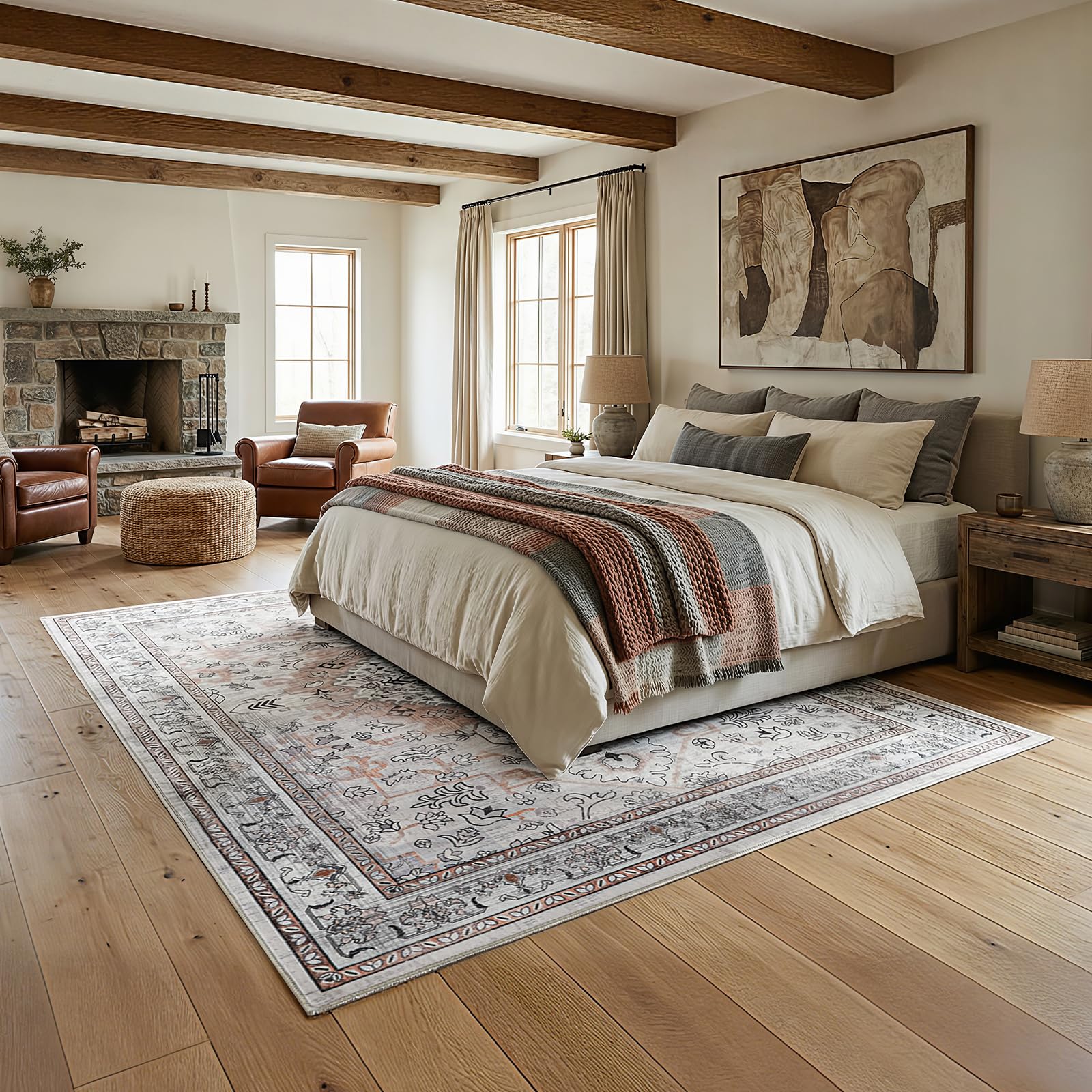 HOOBRO Tapis Lavable en Machine, 270 x 180 cm, Tapis de Salon Style Bohème, Descente de Lit à Poil Bas, pour Entrée, Cuisine, Salon, Chambre, Bureau, Beige Rustique EEF04AR01