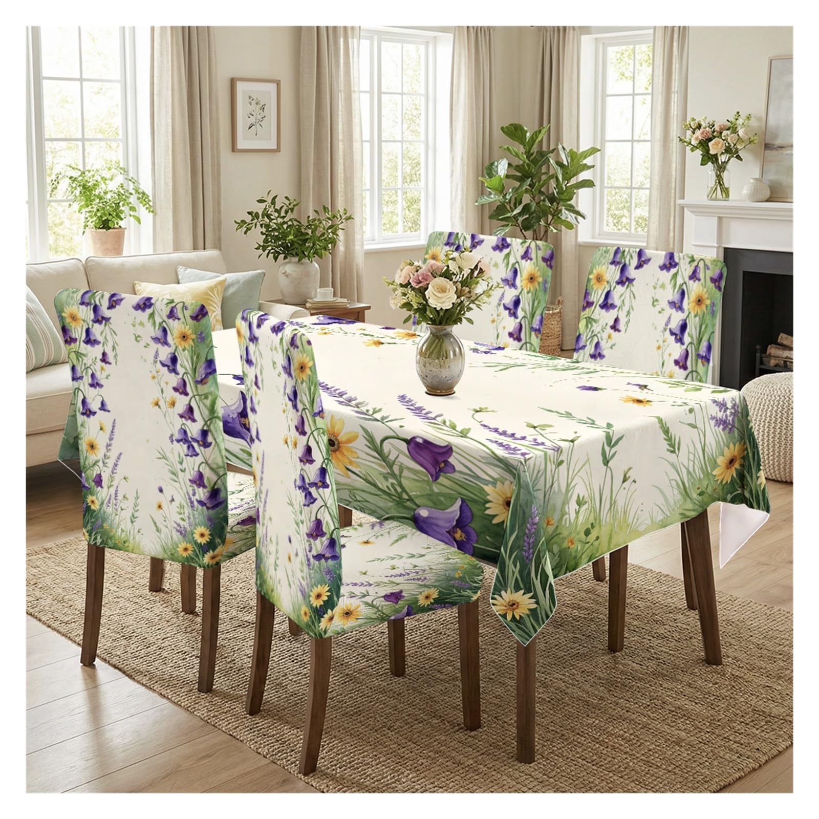 BOSUYBN Watercolor Purple Bellflower Daisy Dining Tablecloth & Chair Covers Set, 5/7 Piece Fresh Wildflower Cottage Farmhouse Dining Decor Table Setting(5pcs Set: Tablecloth+Chair Covers)