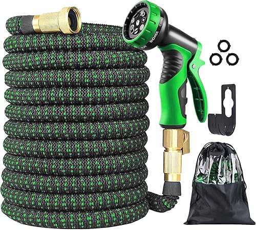 Manguera de jardín de 100 pies con núcleo de látex de triple capa accesorios de latón macizo de 34 pulgadas manguera flexible retráctil de tela