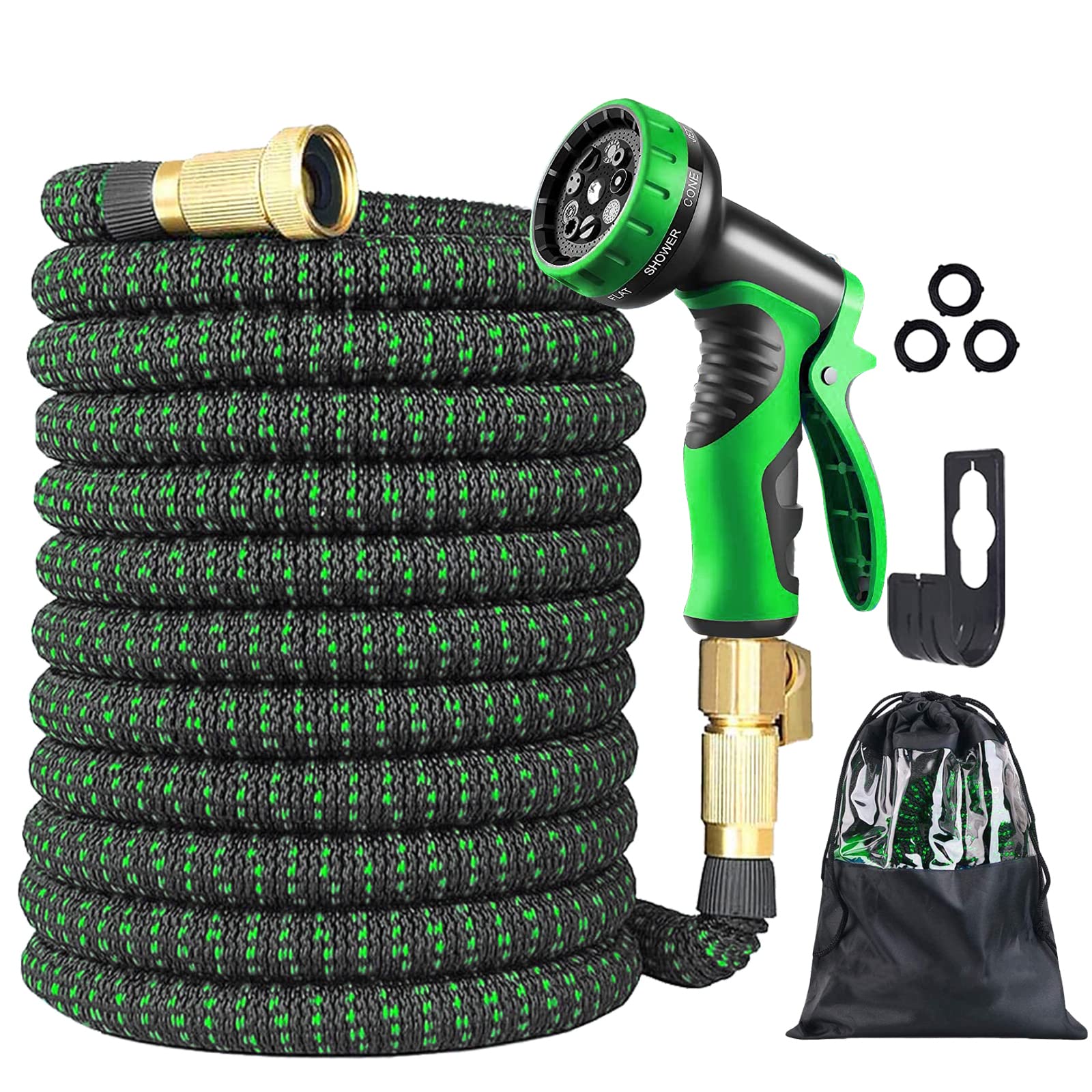 Garden Hose Expandable Water Hose with Triple Layer Latex Core, 3/4" Solid Brass Fittings, Extra Strength Fabric Retractable Flexible Hose with Spray Nozzle