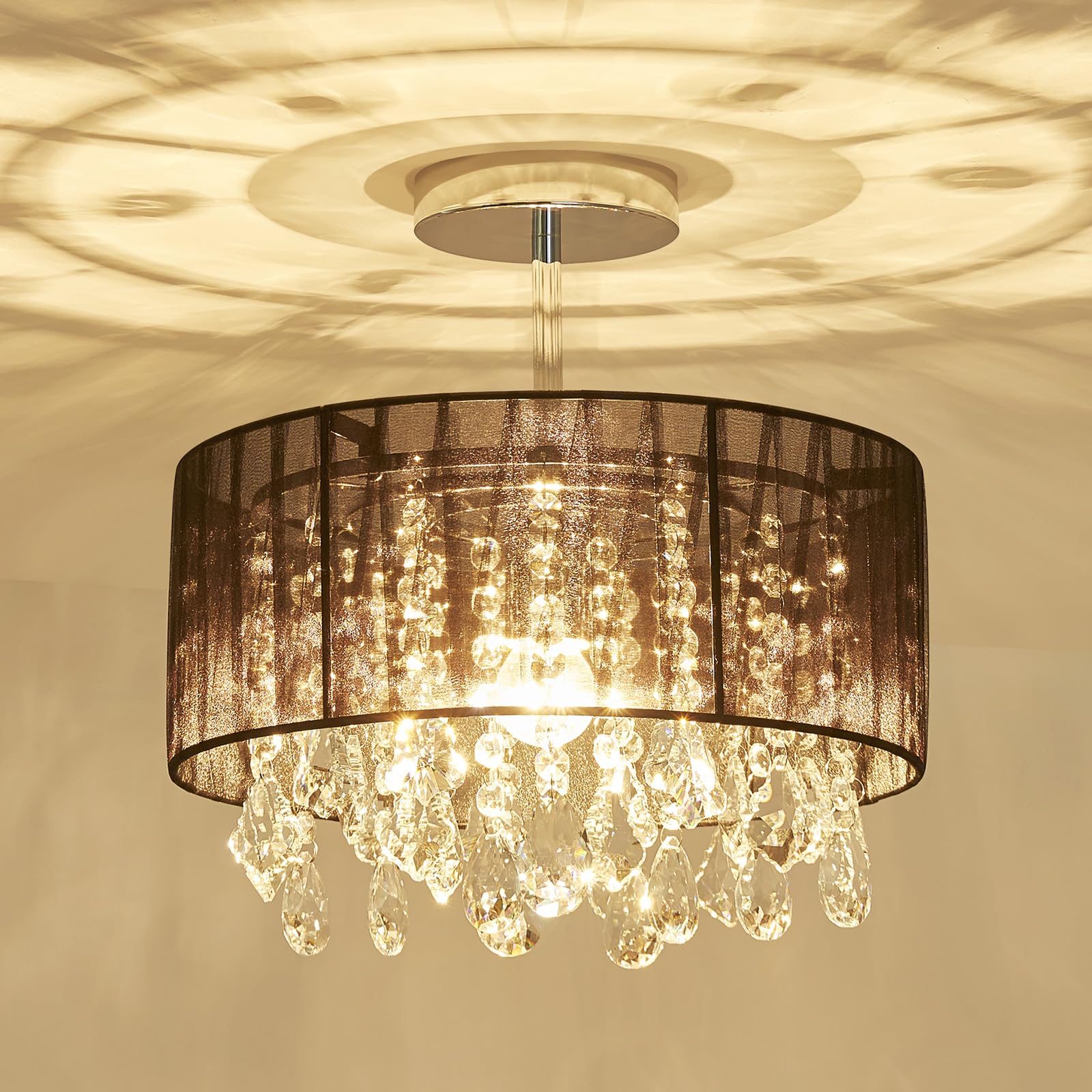 SHRINE Lighting Kristall-Lustre, design moderne, plafonnier pour pièces à vivre, D40 x H35 cm, douilles E27*1, abat-jour en tissu noir & cadre finition chromée