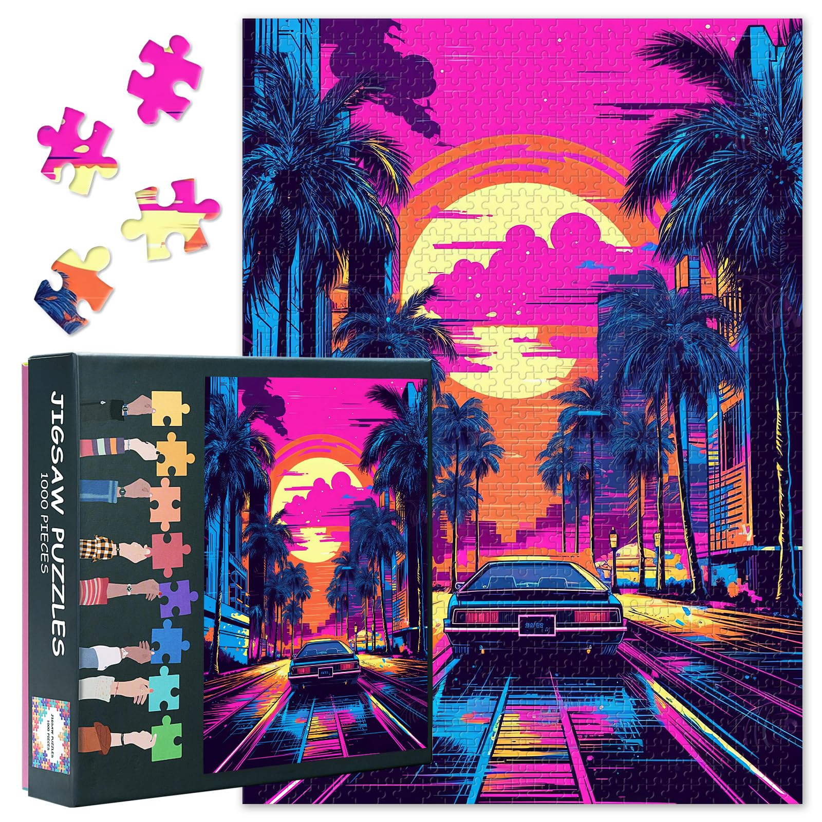 Vintage Car Jigsaw Puzzles for Adults 1000-27.5x19.7" Sunset Challenging Puzzle Automotive Art, Mens Game & Modern Home Office Decor Gift