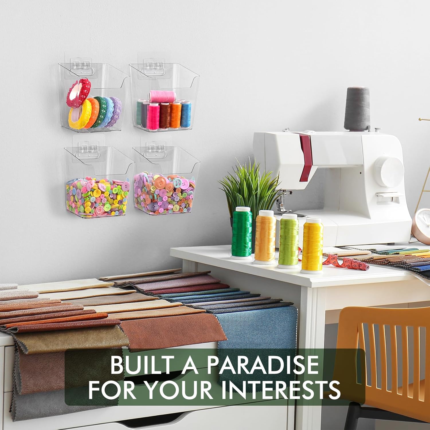 Clear Adhesive Wall Storage Bins, 4 Pack Cabinet Door Organizer Holders, Hanging Wall Mount Pockets, Plastic Cups for Shower Bathroom Makeup Office Craft Remote Kitchen Sink RV Organization (Small) - Image 6