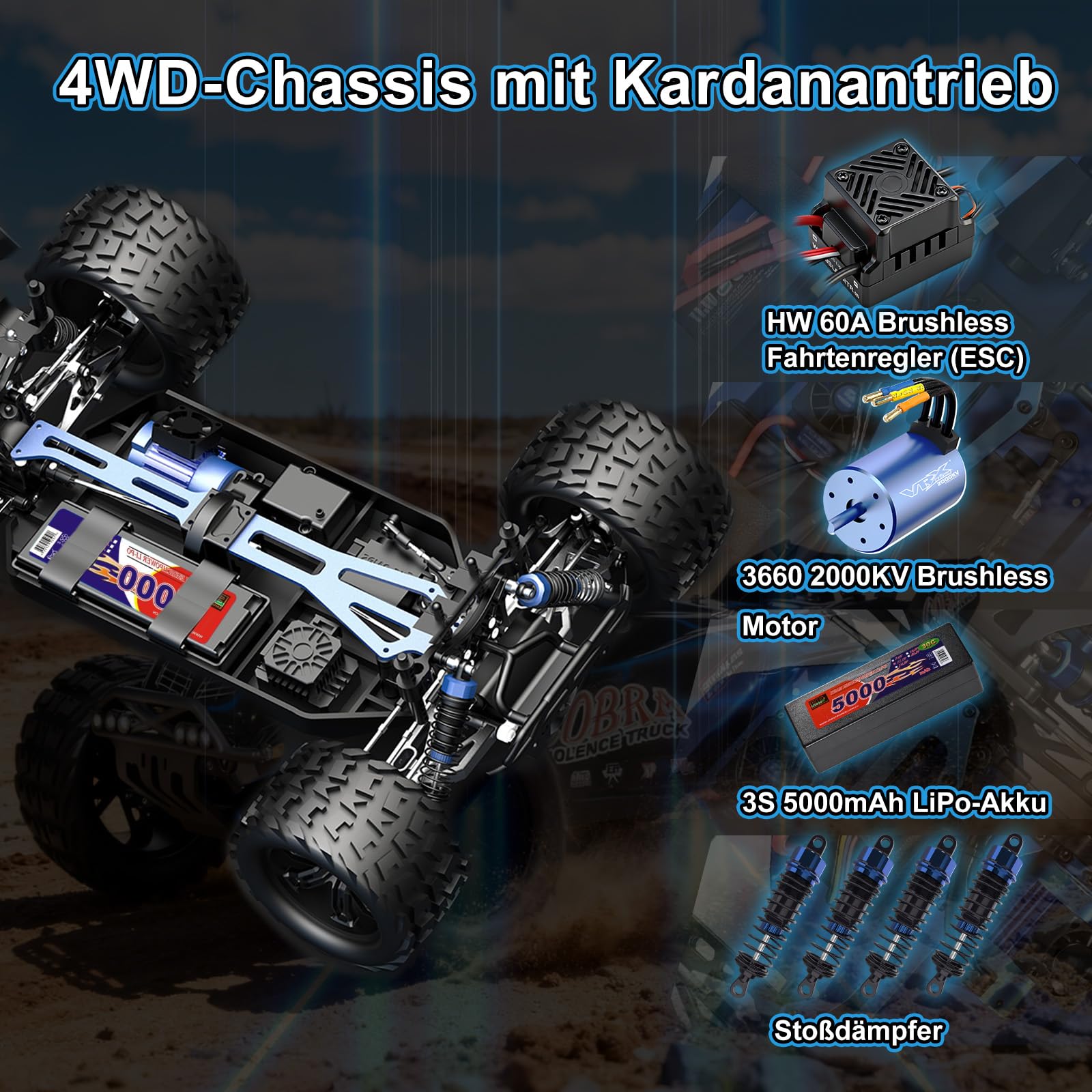 Mini voitures RC haute vitesse 1/8 pour adultes, Truggy électrique tout-terrain 4WD avec batterie LiPo 3S 5000 mAh et moteur sans balais 3660, camion RTR RC avec lumières LED pour tout
